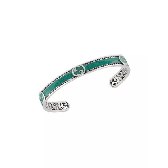 NEW Gucci Interlocking G Bangle Bracelet Silver Green Cuff Women's Size 19 L - Picture 1 of 14
